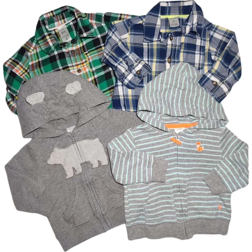 Carter's Baby Boy 6 Mos Hooded Jacket Button Down Plaid‎ Top Lot 4pc Bear Fox